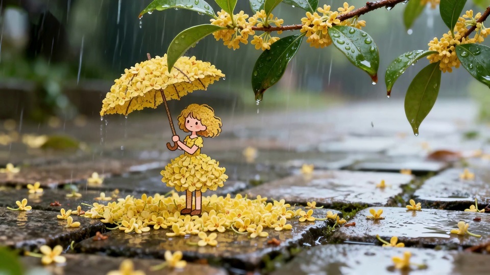 低视角湿润石板雨巷，黄发女孩举着桂花伞站在落花上，右上角挂着带水珠的桂花枝。