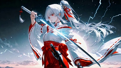 白发红衣巫女武士炫酷壁纸