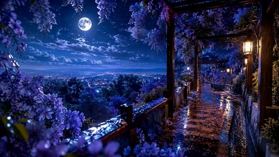 月夜紫藤花廊唯美夜景