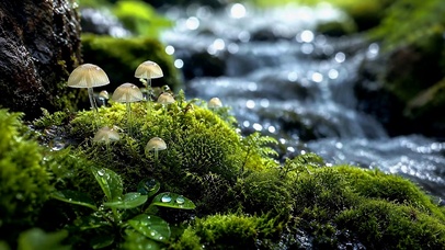 林间溪流蘑菇治愈风景