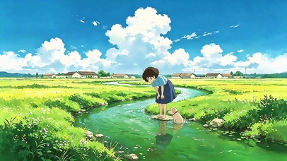 乡间小溪遛狗少女