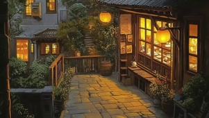 静谧傍晚温馨古城商店