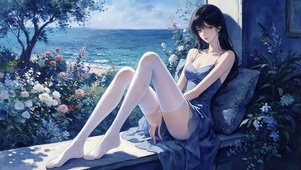 海边听海的少女（油画）