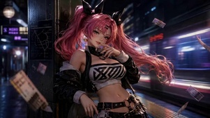 赛博风地铁站粉发二次元美少女