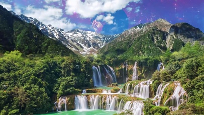 青山绿水瀑布蓝天白云