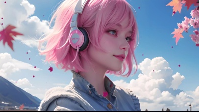 阳光清纯粉色短发听歌美女