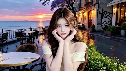 海边坐在餐椅比手势的可爱美女2