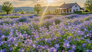 夕阳紫色花田乡野小屋