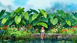 雨天芋叶下女孩