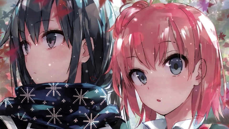 近景秋叶场景中，黑发少女围雪花围巾，粉发少女留短发，周边飘落红色枫叶