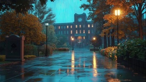 雨中校园蓝调傍晚风景