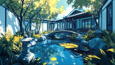 湛蓝清新园林庭院池塘