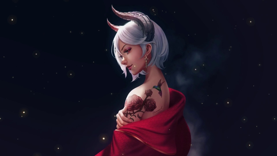 银白发带弯角的侧身少女，肩臂有玫瑰蜂鸟纹身，暗红织物披身，暗蓝星空点缀暖金碎光