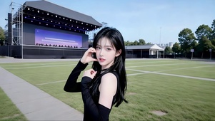音乐节舞台观众草坪前比心的美女