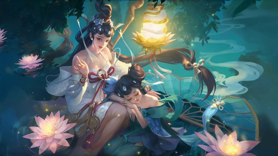 古风插画，青蓝色夜色莲池，白衣古装女子与枕膝安睡的少女，莲花灯笼散着暖光