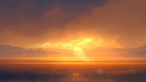 落日广阔草原湿地