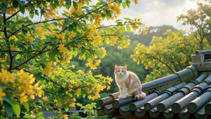 瓦顶黄花下的治愈橘猫