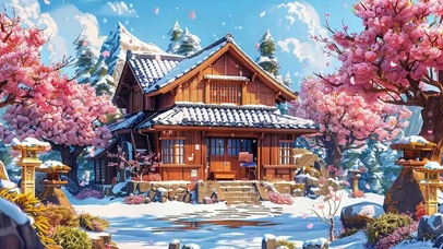 蓝天白云樱花树木雪景