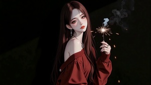 红衣烟火长发女孩