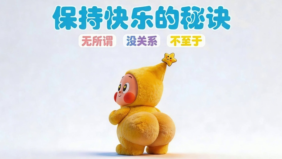 穿黄色毛绒连体衣的卡通玩偶站立，头顶有笑脸星星，上方配浅色背景励志文字