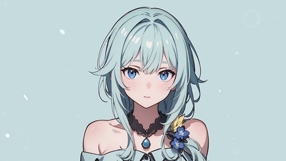 浅冰蓝长发少女胸像，蓝色眼眸，戴蓝宝石项圈，背景浅淡散着白点