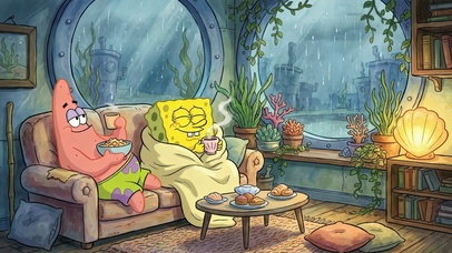 海绵宝宝派大星雨天惬意宅家