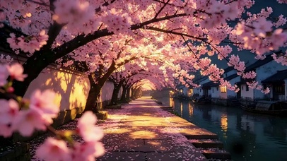 夜樱映水江南