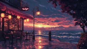 海边唯美晚霞海浪酒馆