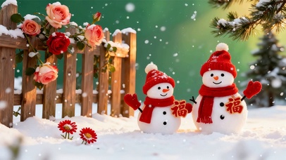 雪景树木下雪人