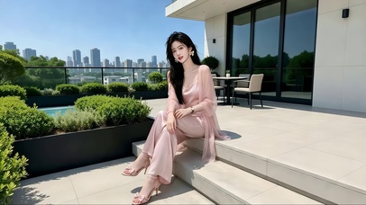 公寓观景台阶梯处优雅的粉衣美女