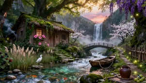 唯美瀑布溪水小屋