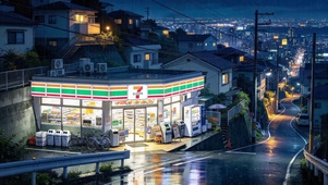 雨夜城镇路边商店