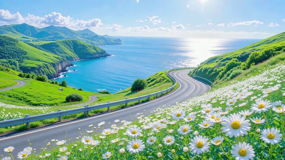 清新写实插画风格的晴日滨海山野风光，白瓣黄心的雏菊沿沥青公路铺向远处草坡，公路蜿蜒伸向海滨，青蓝色海面泛着阳光反光，远处是覆满绿植的低矮山峦，上方是飘着少量白云的淡蓝色晴朗天空。