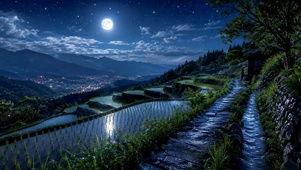 月夜星空梯田山间夜景