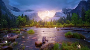 夕阳河流雾海森林