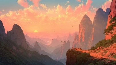 梦幻落日群峰山谷