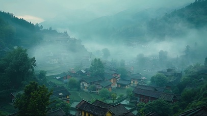 迷雾山间传统乡村