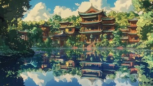 唯美湖畔古城水中倒影