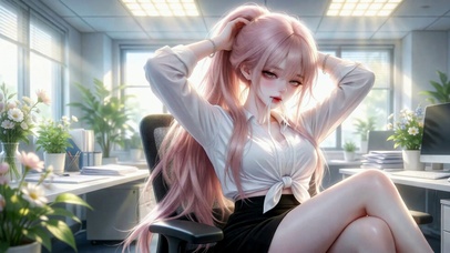 办公室粉发甜美女孩