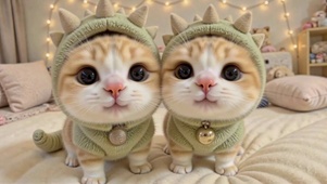 穿恐龙装的可爱情侣小奶猫