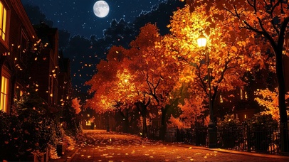圆月深秋金色夜幕街道