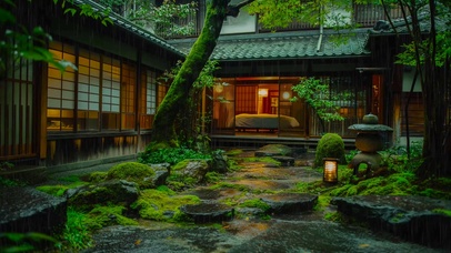 雨天幽静庭院木屋