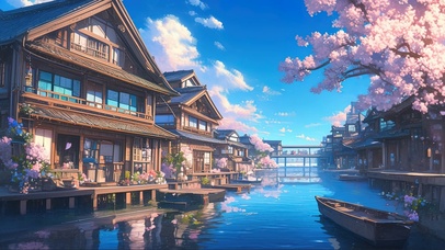 蓝天水乡古镇河畔