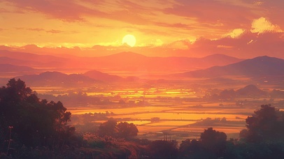 梦幻晚霞山谷田园