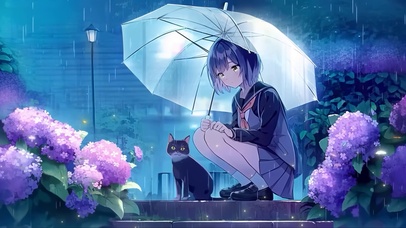雨中女孩和猫