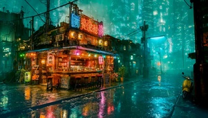 未来城市雨天街边小店