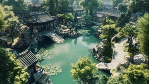 俯瞰清新夏日古风庭院