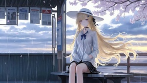 雨天樱花树下可爱女孩