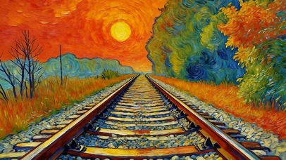 油画夕阳树木