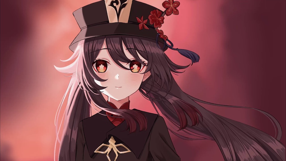 二次元少女半身像，深棕长双马尾，头戴黑底红梅花装饰官帽，身着黑红服饰配金棕色四芒星领饰，背景为红紫色渐变。
